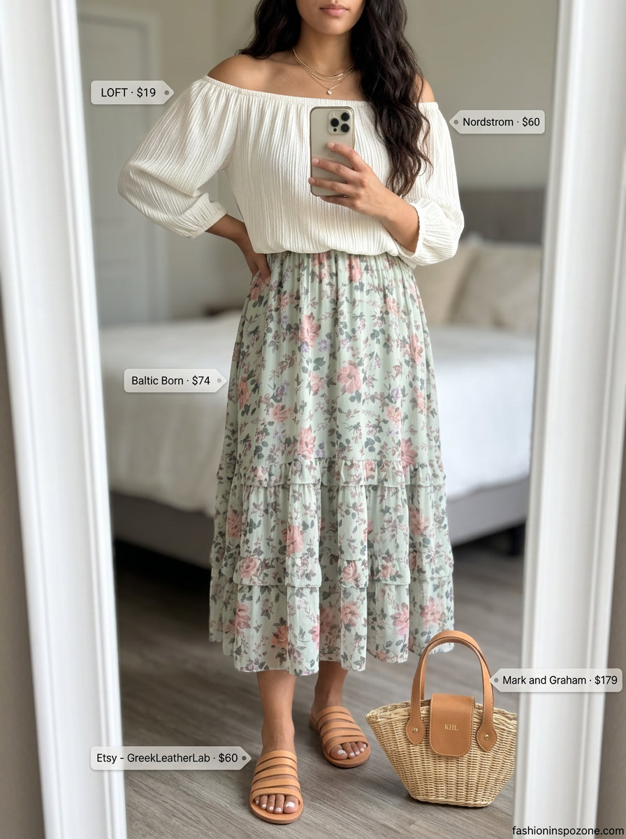 Pastel floral off-shoulder midi dress with tan sandals for romantic summer off-shoulder outfits 2026.