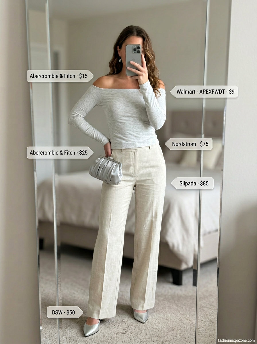 Romantic summer off-shoulder outfits 2026: Lavender blouse, cream trousers, kitten heels for garden party.