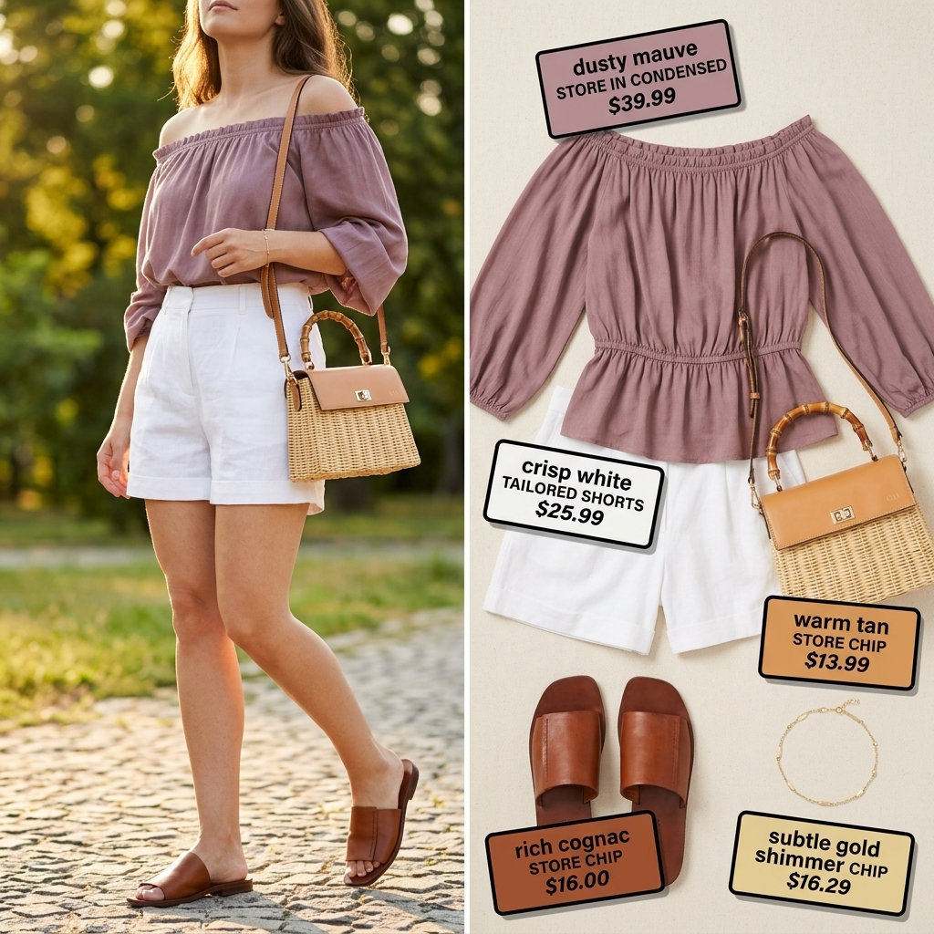 Romantic summer off-shoulder outfits 2026: Lavender peasant top, white linen shorts, tan sandals for brunch.