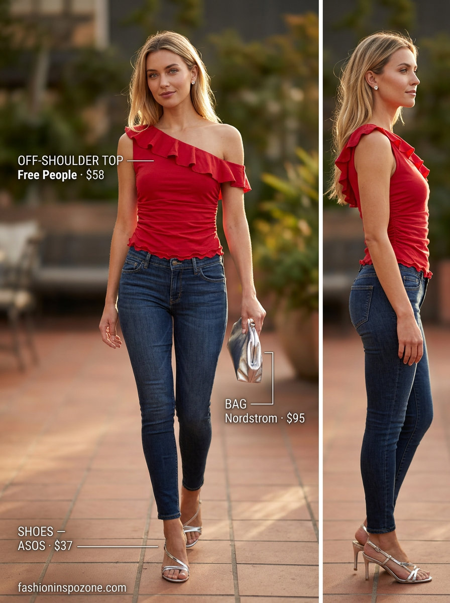 Lavender off-shoulder jumpsuit with silver sandals for romantic summer off-shoulder outfits 2026.