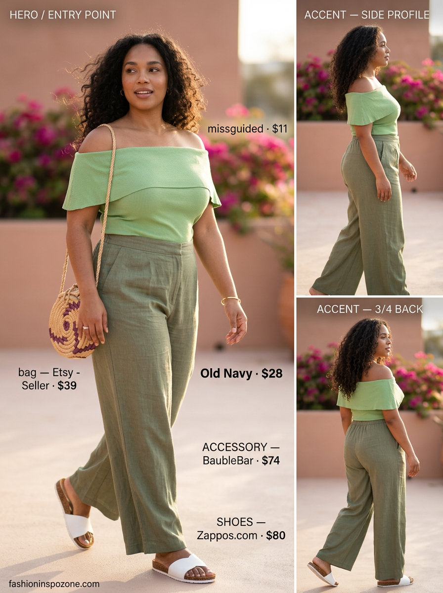 Sage green off-shoulder crop top with linen pants for romantic summer off-shoulder outfits 2026.