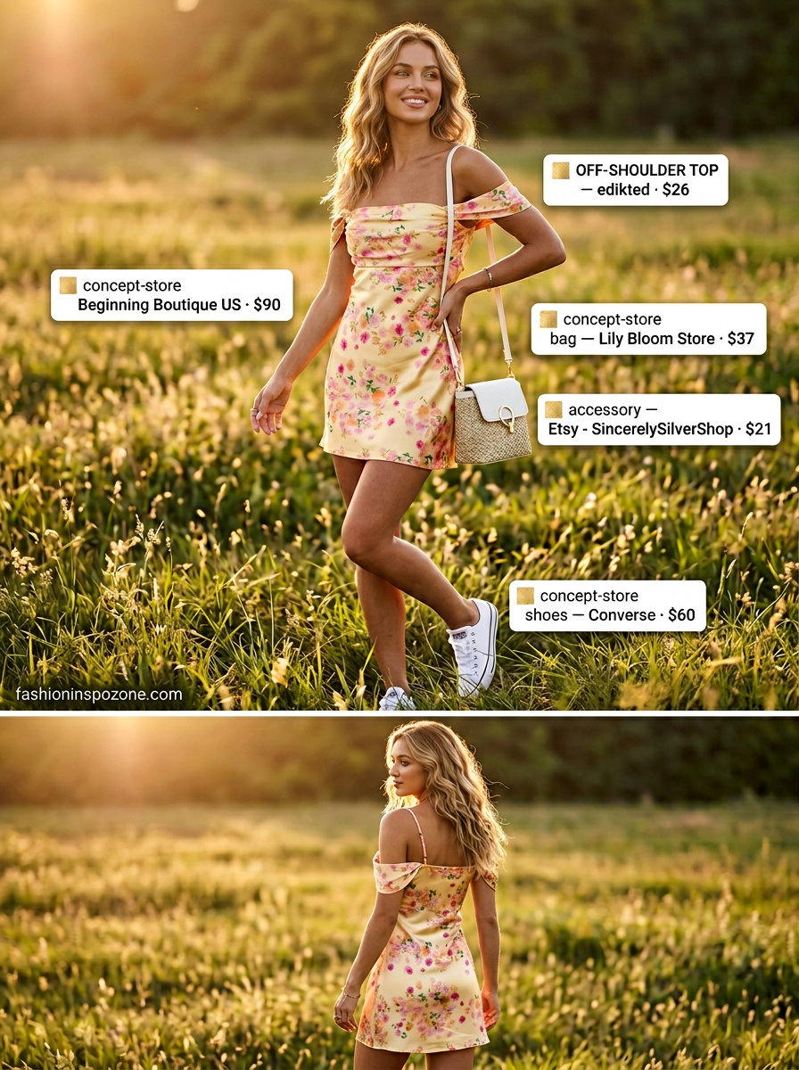 Yellow floral off-shoulder mini dress with white sneakers for romantic summer off-shoulder outfits 2026.