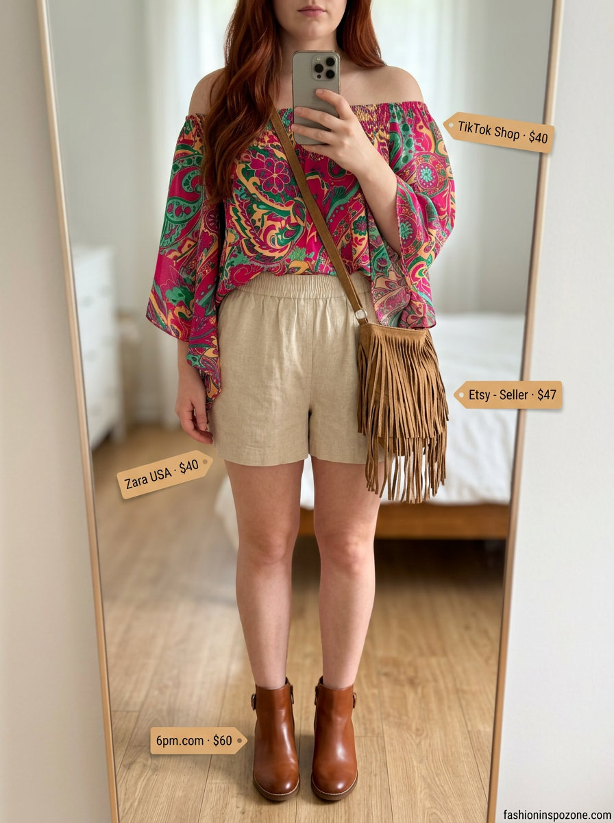 Romantic summer off-shoulder outfits 2026: Paisley peasant top, linen shorts for bohemian style.