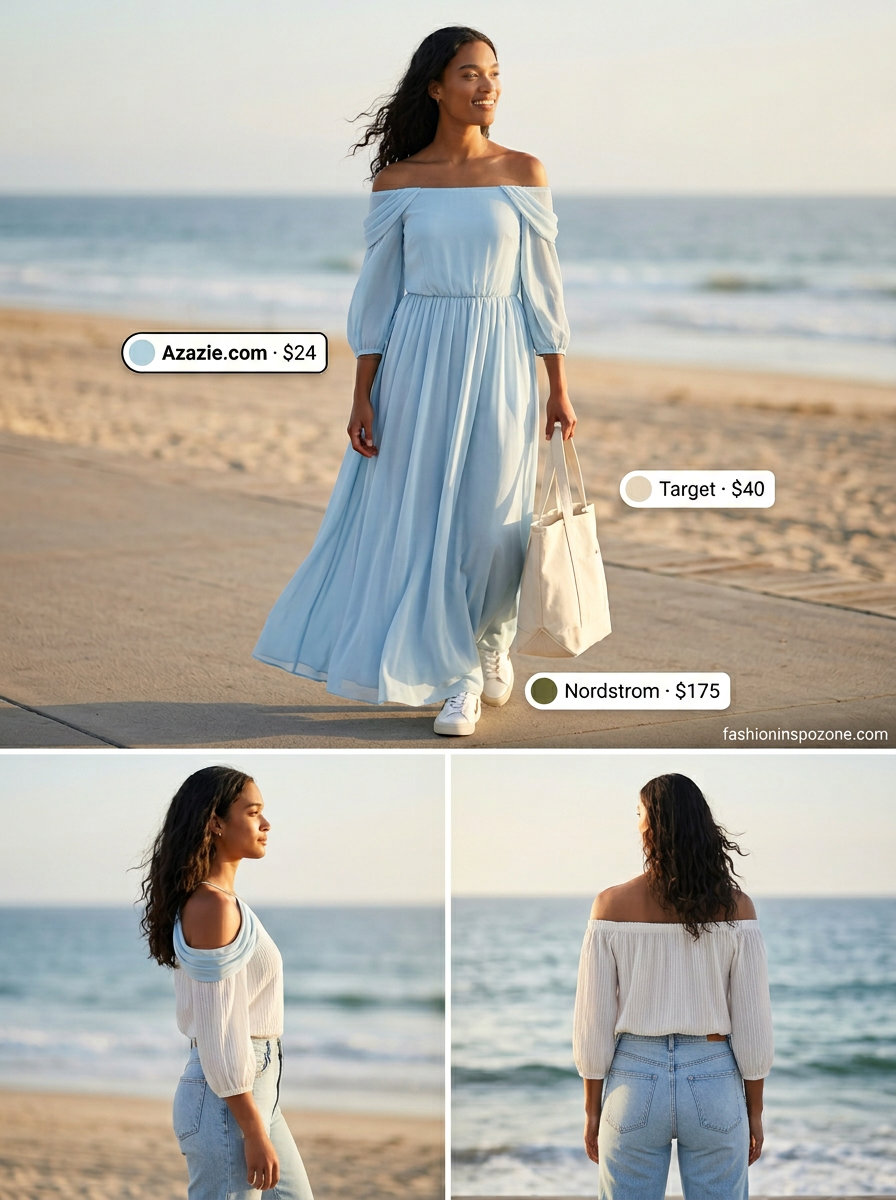 Romantic summer off-shoulder outfits 2026: Sky blue maxi dress for beach vacation and resort dinners.