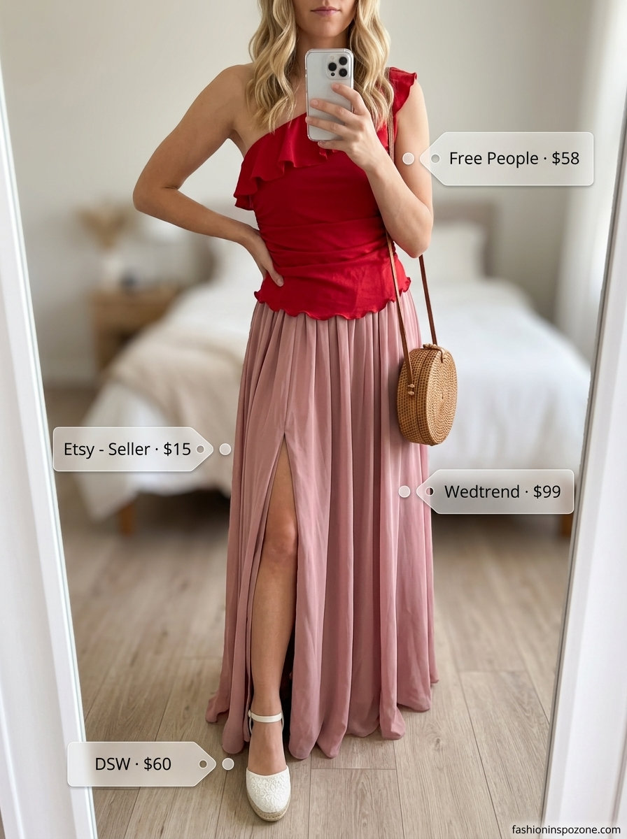 Dusty rose off-shoulder maxi dress with espadrille sandals for romantic summer off-shoulder outfits 2026.