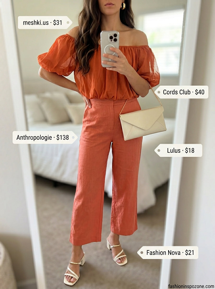 Terracotta orange off-shoulder top with linen pants for romantic summer off-shoulder outfits 2026.