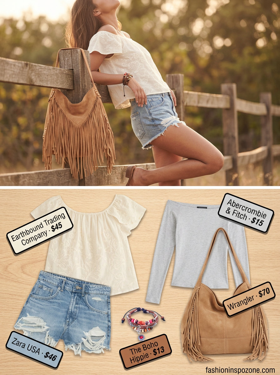 Romantic summer off-shoulder outfits 2026: White embroidered blouse, denim shorts for festival.