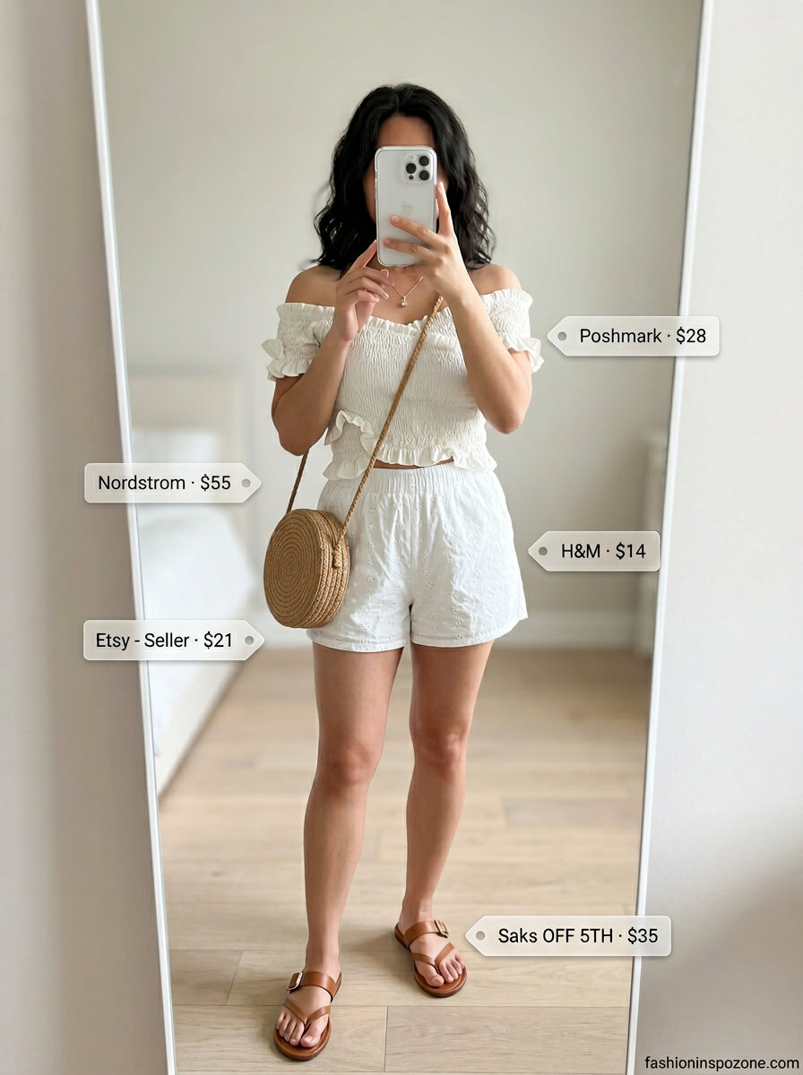 Romantic summer off-shoulder outfits 2026: White eyelet top, shorts for summer day out.