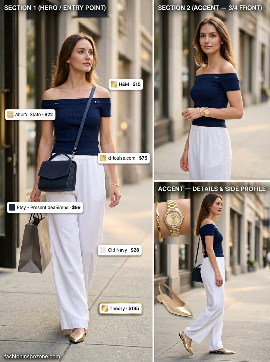 Romantic summer off-shoulder outfits 2026: White knit top, navy trousers for city exploration.
