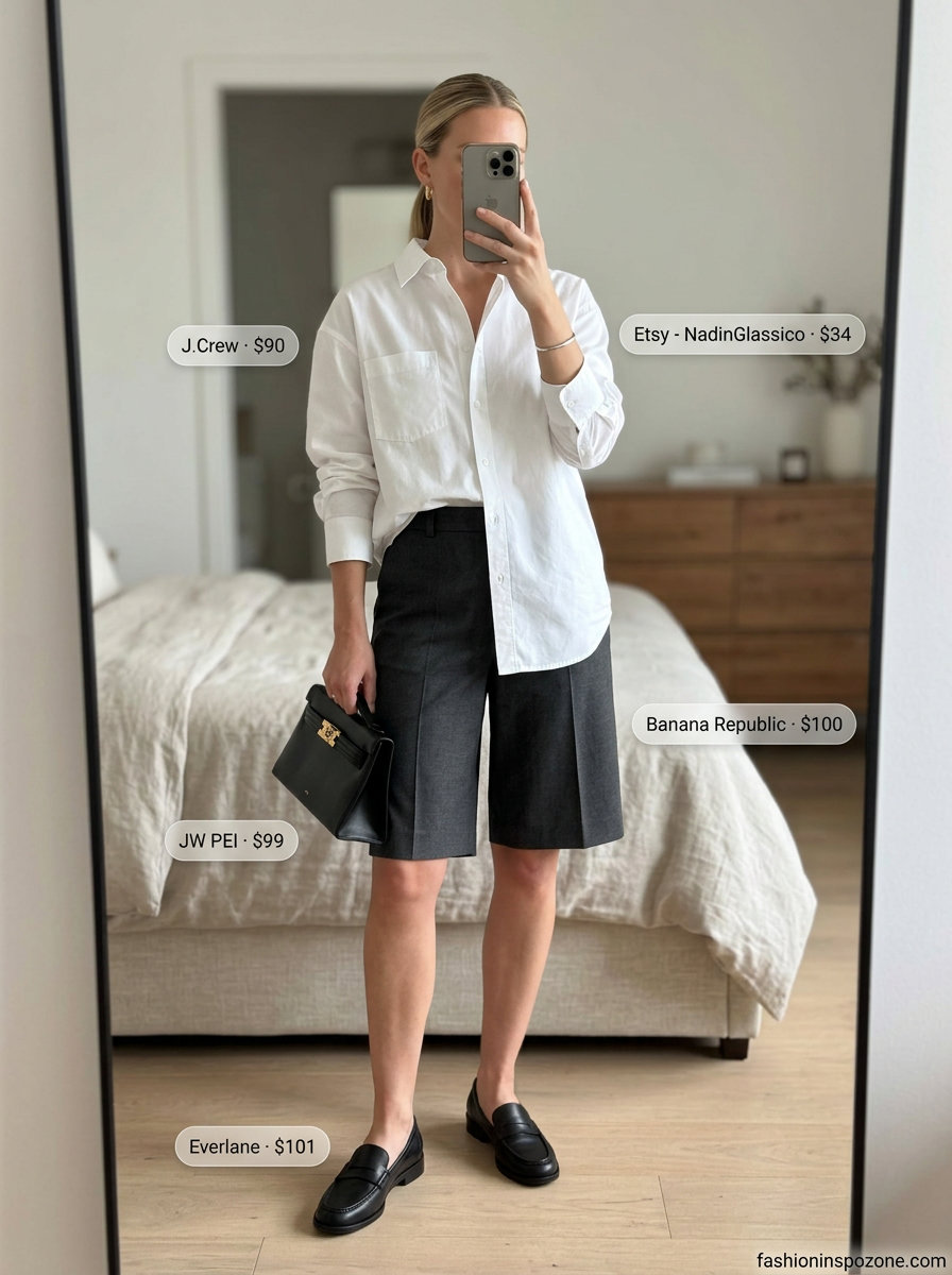 Art Gallery Summer Fashion Outfits 2026: Tailored Shorts & Shirt Runway summer fashion outfits for women 2026: Tailored shorts, white shirt, loafers, and structured bag for art galleries.