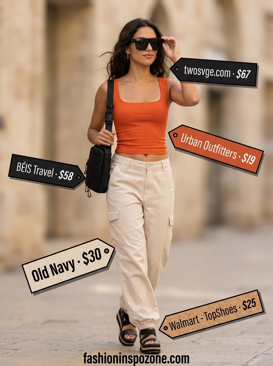 Runway Summer Fashion Outfits 2026: Cargo Pants Runway summer fashion outfits for women 2026: Sand cargo pants, rust crop top, chunky sandals for desert style.