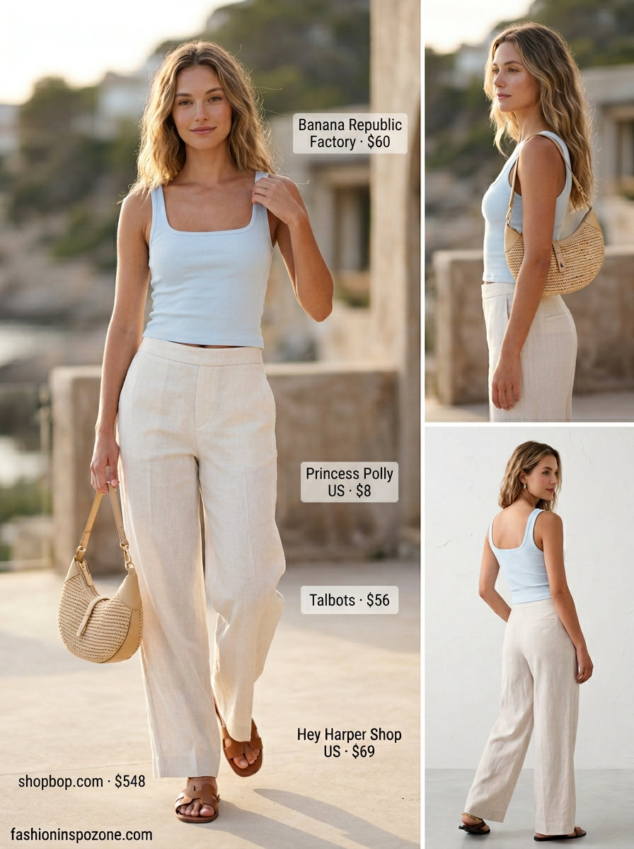 Coastal Summer Fashion Outfits 2026: Linen Pants & Knit Top Runway summer fashion outfits for women 2026: Linen pants, knit top, raffia bag, and flat sandals for coastal vibes.