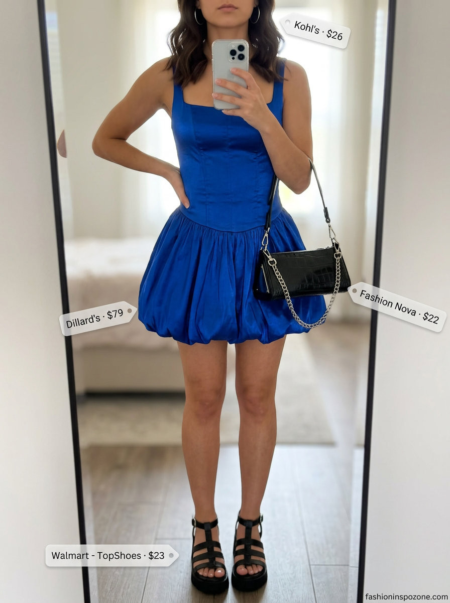 Runway Summer Fashion Outfits 2026: Electric Blue Mini Dress Runway summer fashion outfits for women 2026: Electric blue mini dress, black platform sandals, silver hoops for a night out.