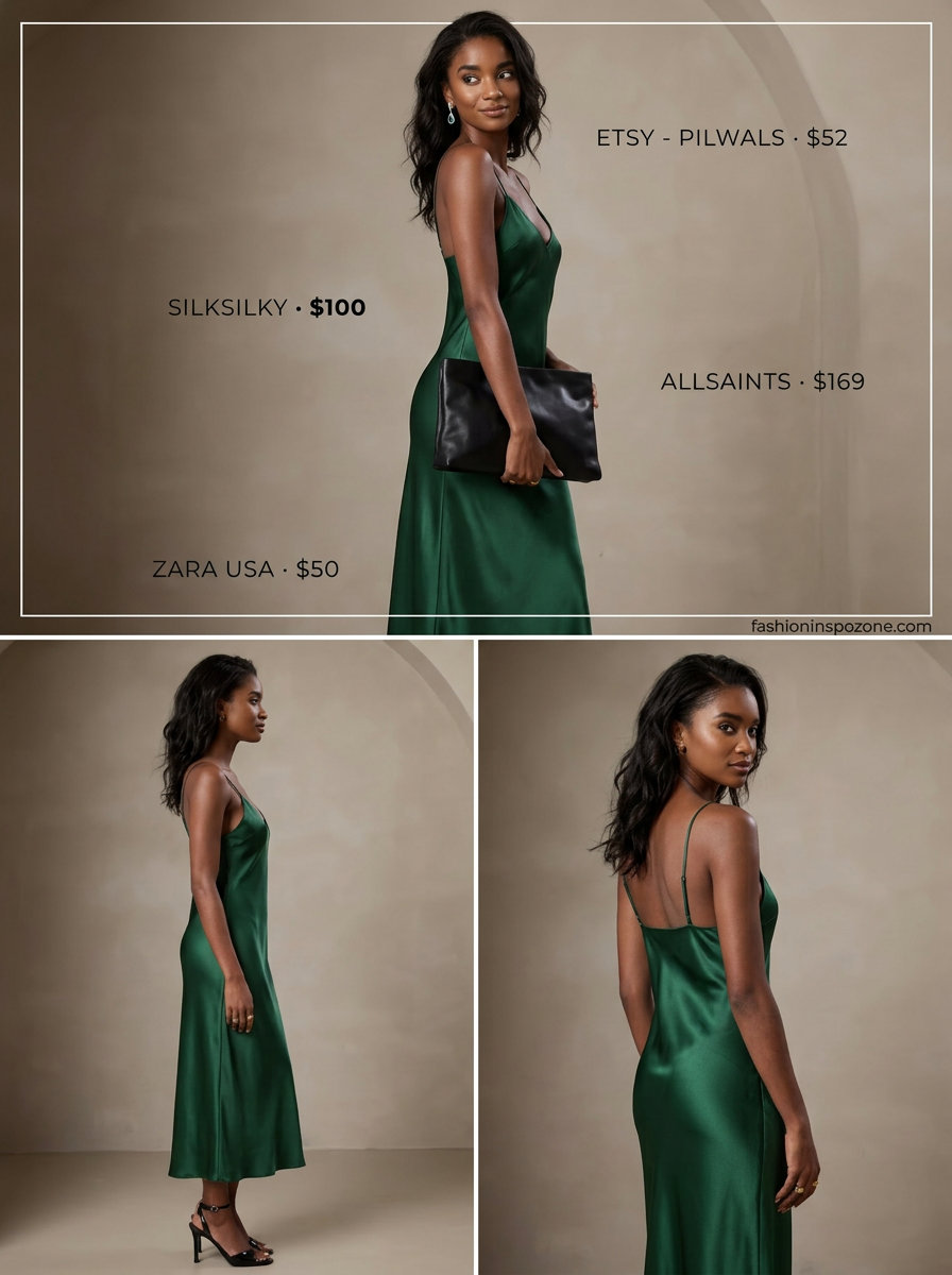 Date Night Summer Fashion Outfits 2026: Emerald Slip Dress Runway summer fashion outfits for women 2026: Emerald slip dress, black heels, clutch, and silver earrings for date night.