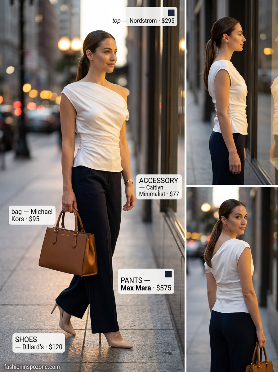 Runway Summer Fashion Outfits 2026: Executive Trousers Runway summer fashion outfits for women 2026: Navy trousers, ivory blouse, pumps for a professional summer event.