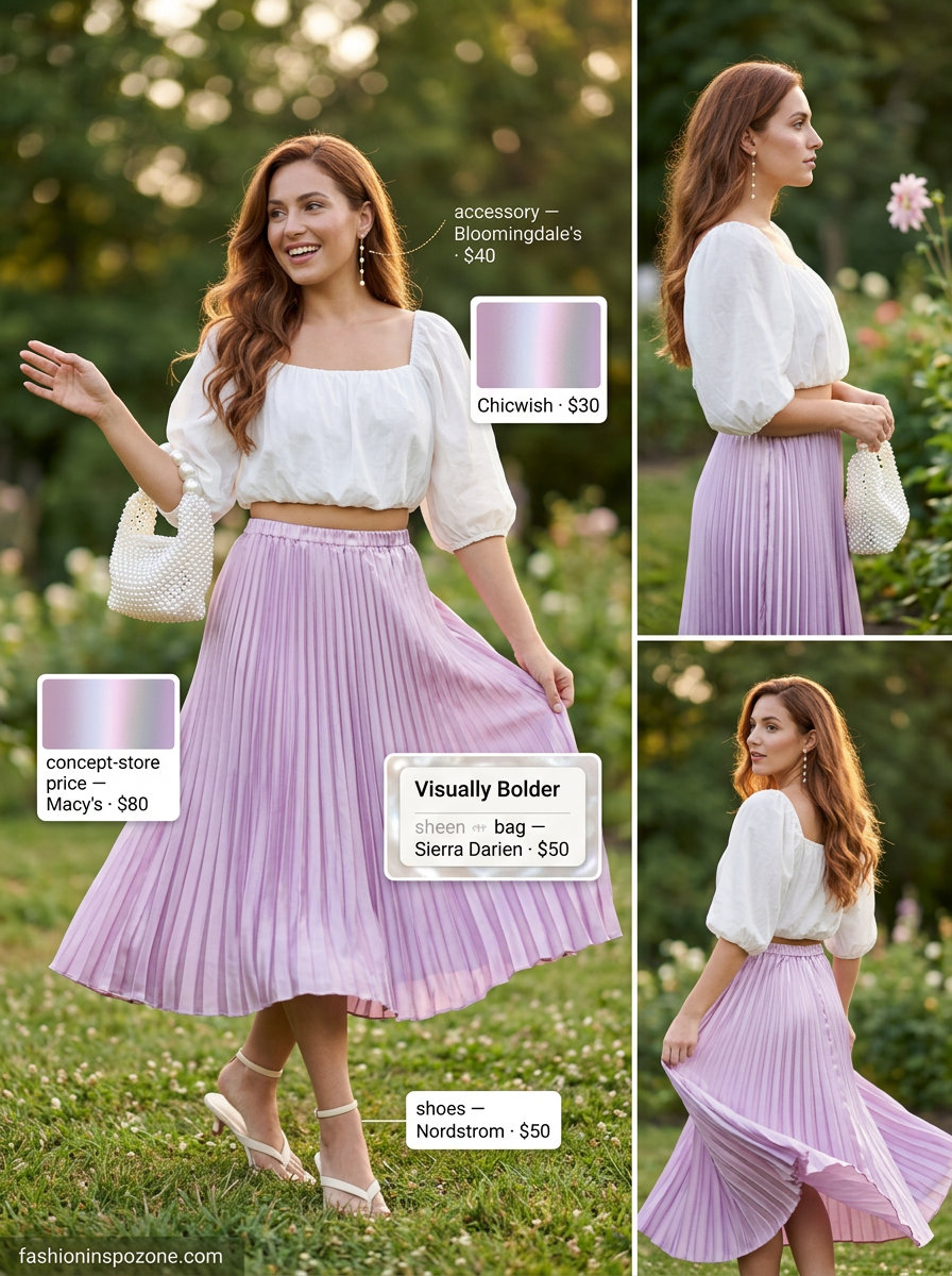 Garden Party Summer Fashion Outfits 2026: Lavender Skirt & Top Runway summer fashion outfits for women 2026: Lavender skirt, white crop top, pearl bag, and kitten heels for garden parties.