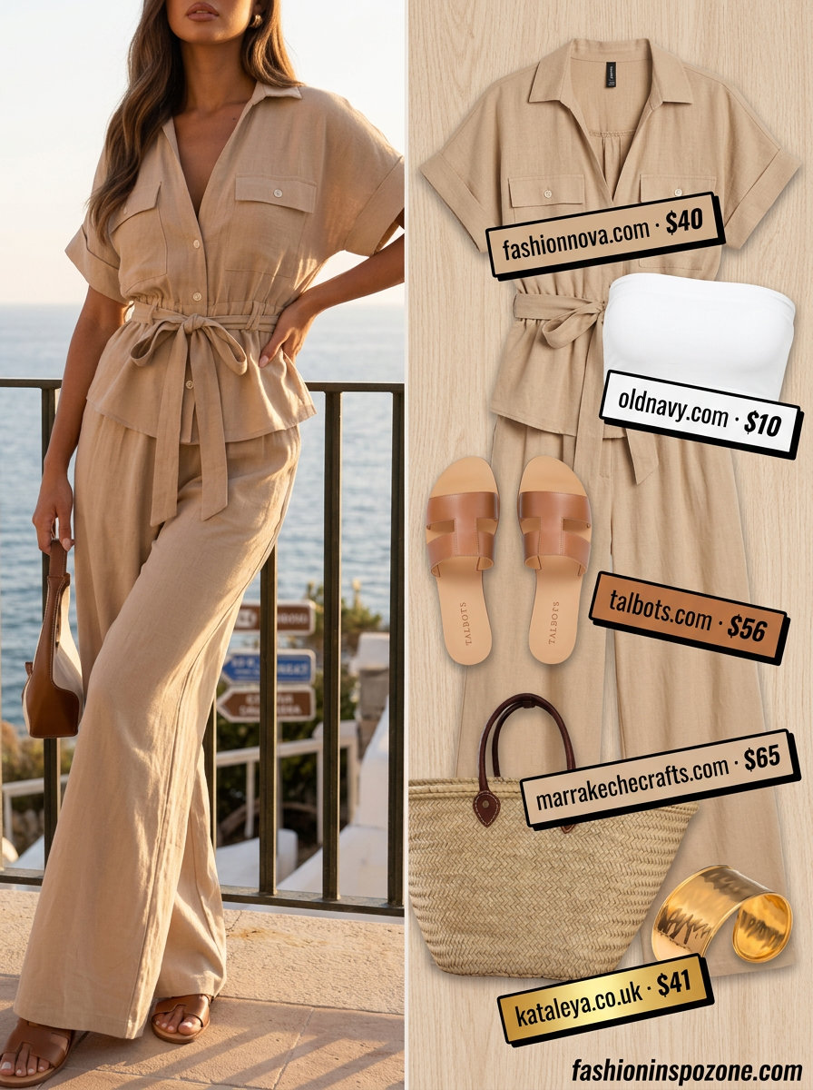 Runway Summer Fashion Outfits 2026: Linen Co-ord Set Runway summer fashion outfits for women 2026: Cream linen set, metallic sandals, straw bag for resort luxury.