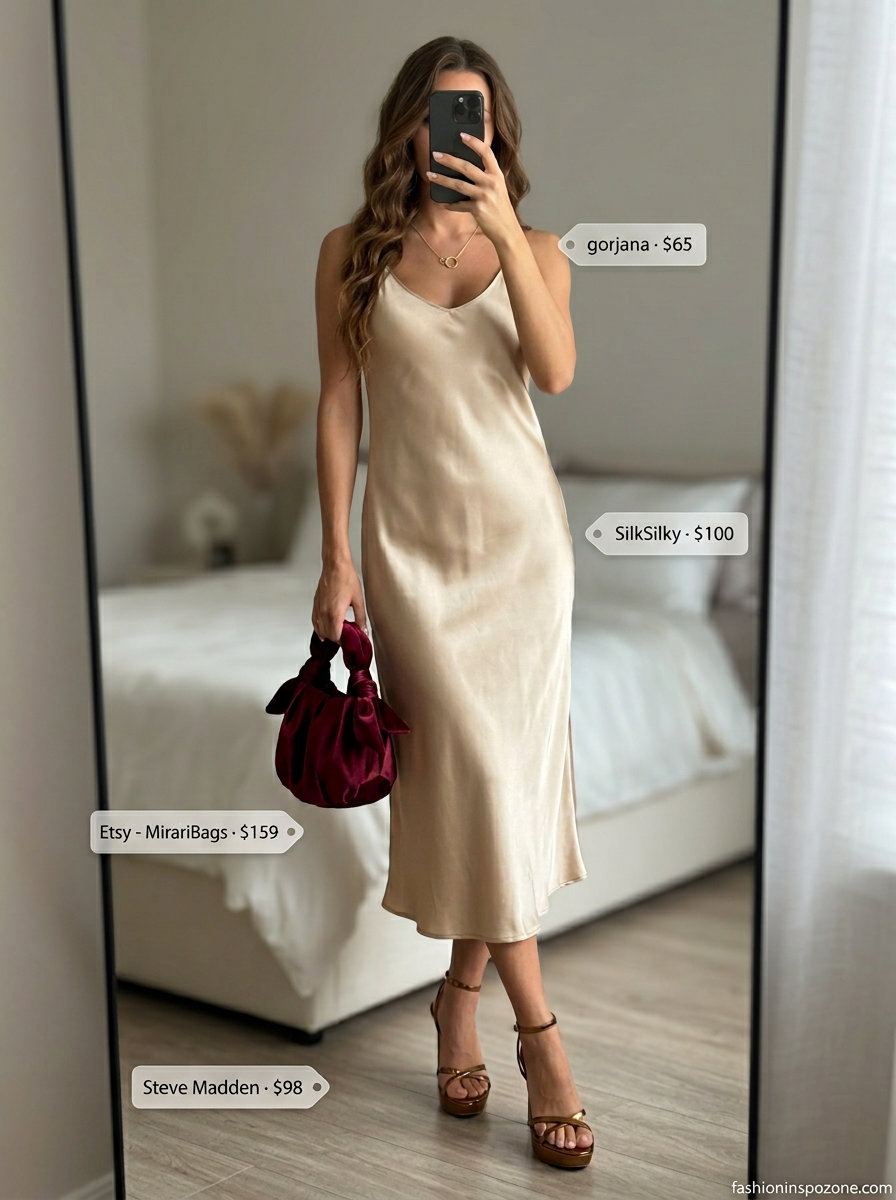 Runway Summer Fashion Outfits 2026: Silk Slip Dress Runway summer fashion outfits for women 2026: Champagne silk slip dress, bronze sandals, deep red clutch for date night.