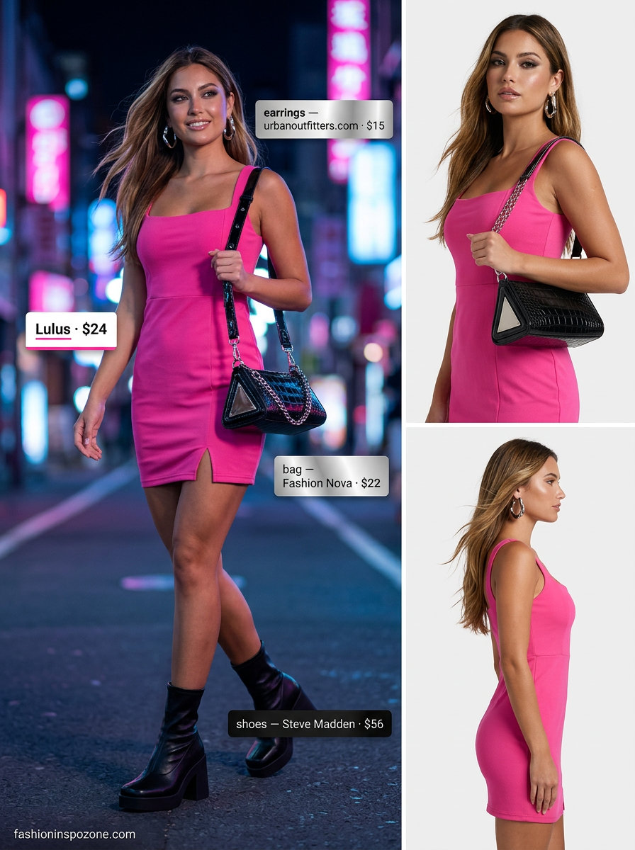 Night Out Summer Fashion Outfits 2026: Hot Pink Bodycon Dress Runway summer fashion outfits for women 2026: Hot pink dress, platform boots, mini bag, and chrome earrings for nights out.