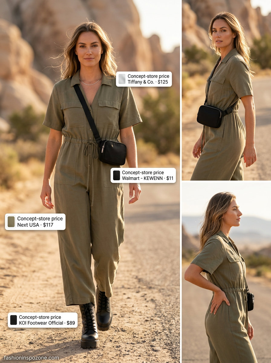 Safari Luxe Summer Fashion Outfits 2026: Utility Jumpsuit Runway summer fashion outfits for women 2026: Khaki utility jumpsuit, black combat boots, and silver chain necklace for adventure.