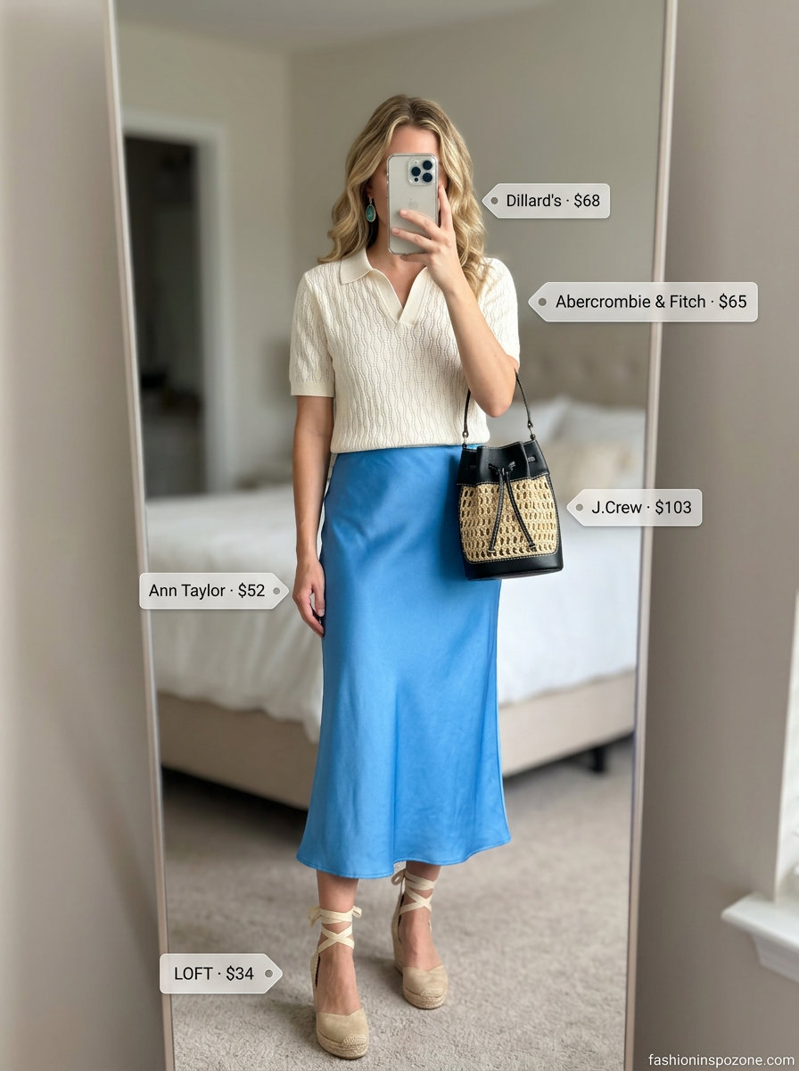 Runway Summer Fashion Outfits 2026: Satin Midi Skirt Runway summer fashion outfits for women 2026: Sky blue satin skirt, cream polo, wedge espadrilles for Riviera style.
