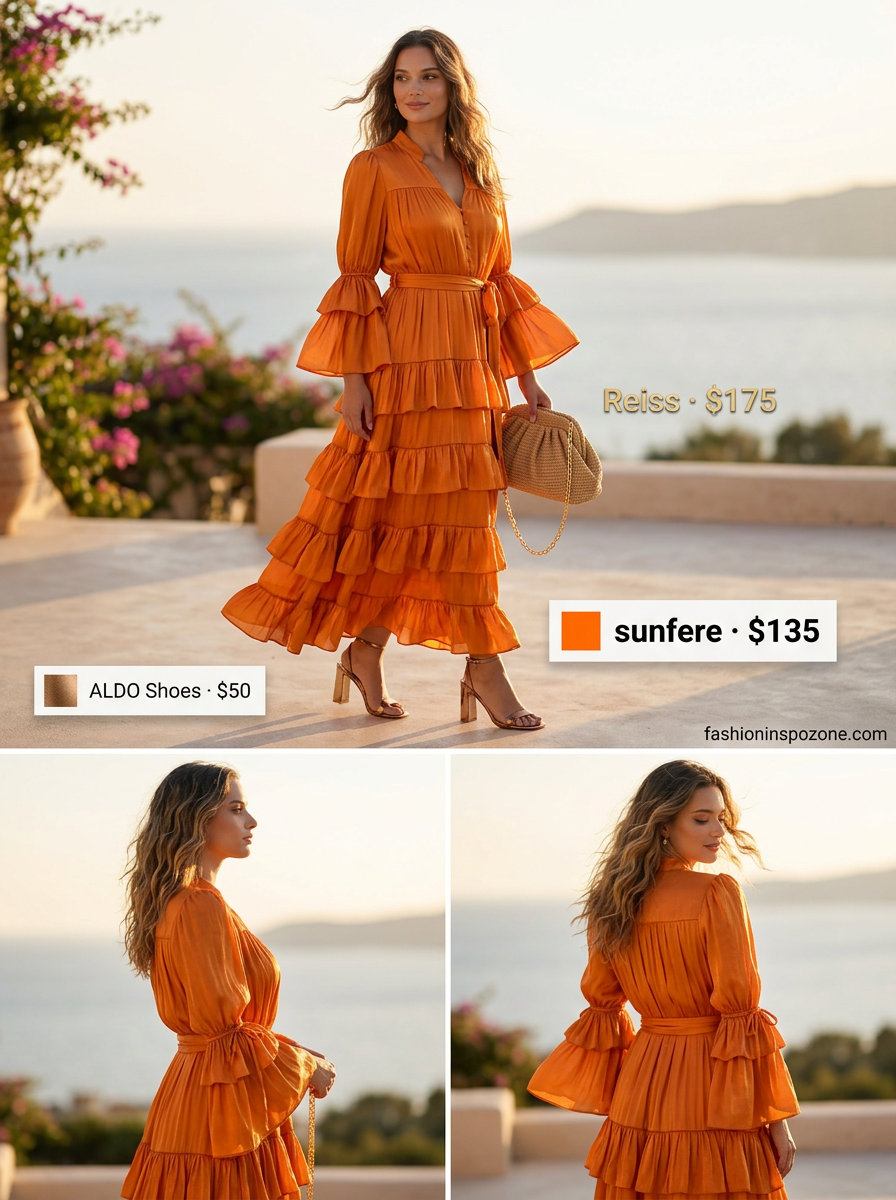 Gala Summer Fashion Outfits 2026: Sunset Orange Maxi Dress Runway summer fashion outfits for women 2026: Sunset orange maxi dress, bronze sandals, and woven clutch for galas.