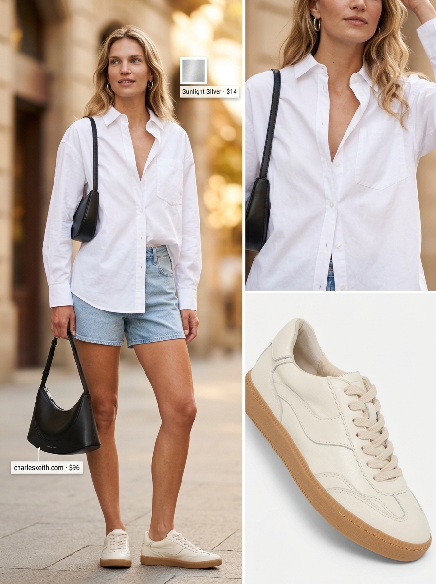 Urban Summer Fashion Outfits 2026: Denim Shorts & White Shirt Runway summer fashion outfits for women 2026: White oversized shirt, denim shorts, silver hoops, and white sneakers for city sightseeing.