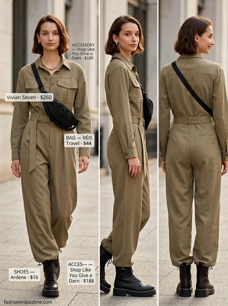 Runway Summer Fashion Outfits 2026: Utility Jumpsuit Runway summer fashion outfits for women 2026: Khaki utility jumpsuit, combat boots, chain necklace for edgy style.