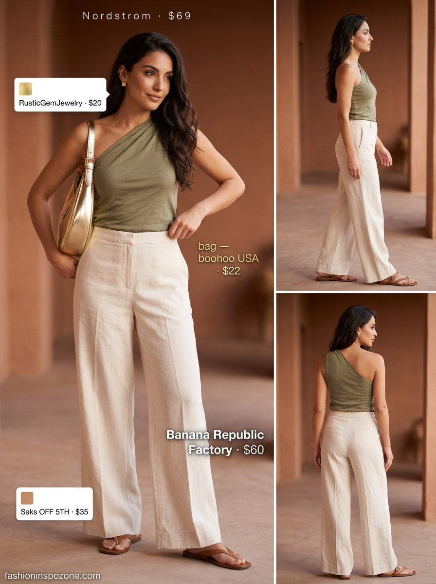 Cream wide-leg pants outfit for women, runway summer fashion 2026. Sophisticated for resort wear.