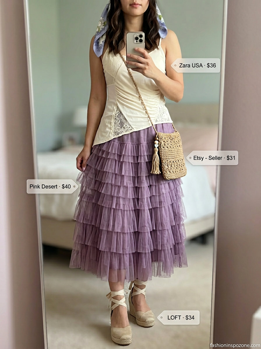 Runway Summer Fashion Outfits 2026: Garden Party Lavender tiered skirt outfit for women, runway summer fashion 2026. Ethereal for garden parties.