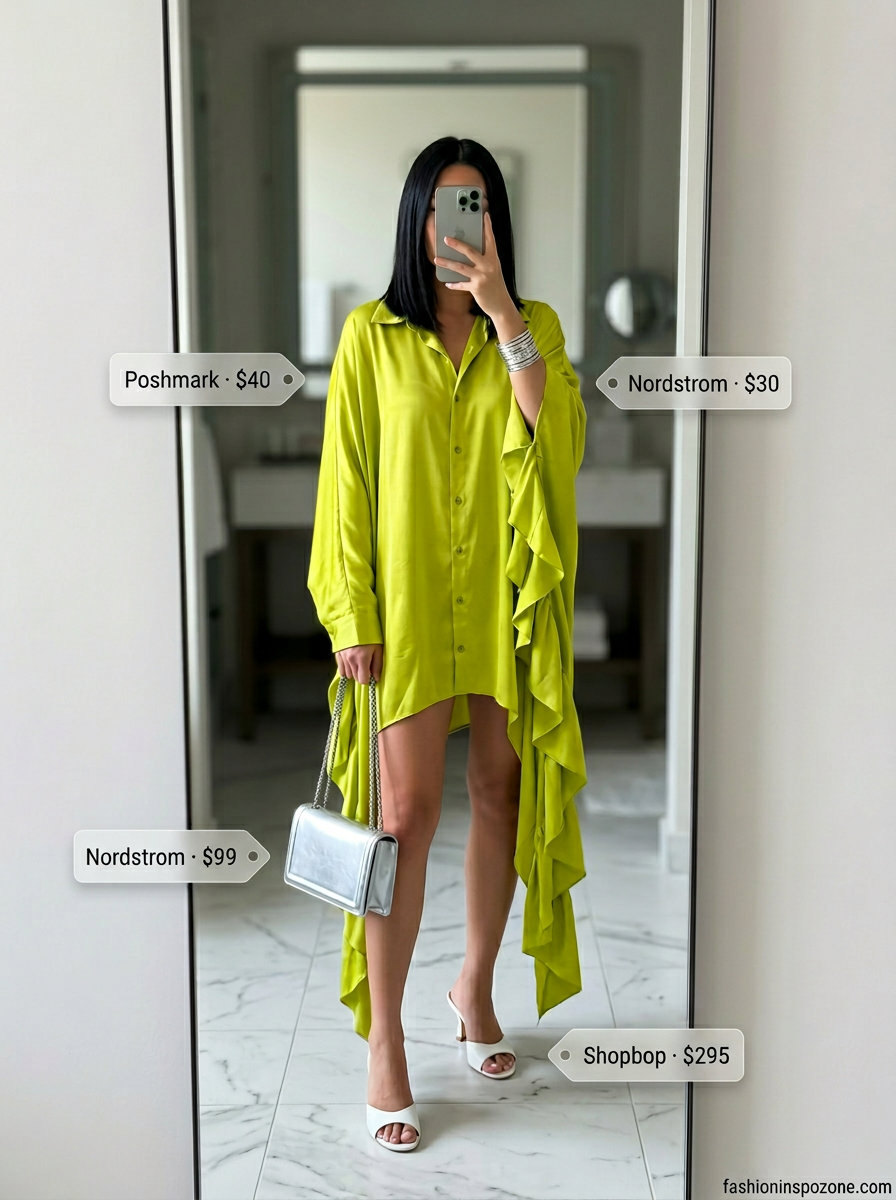 Runway Summer Fashion Outfits 2026: Deconstructed Dress Lime green deconstructed dress outfit for women, runway summer fashion 2026. Avant-garde for art events.