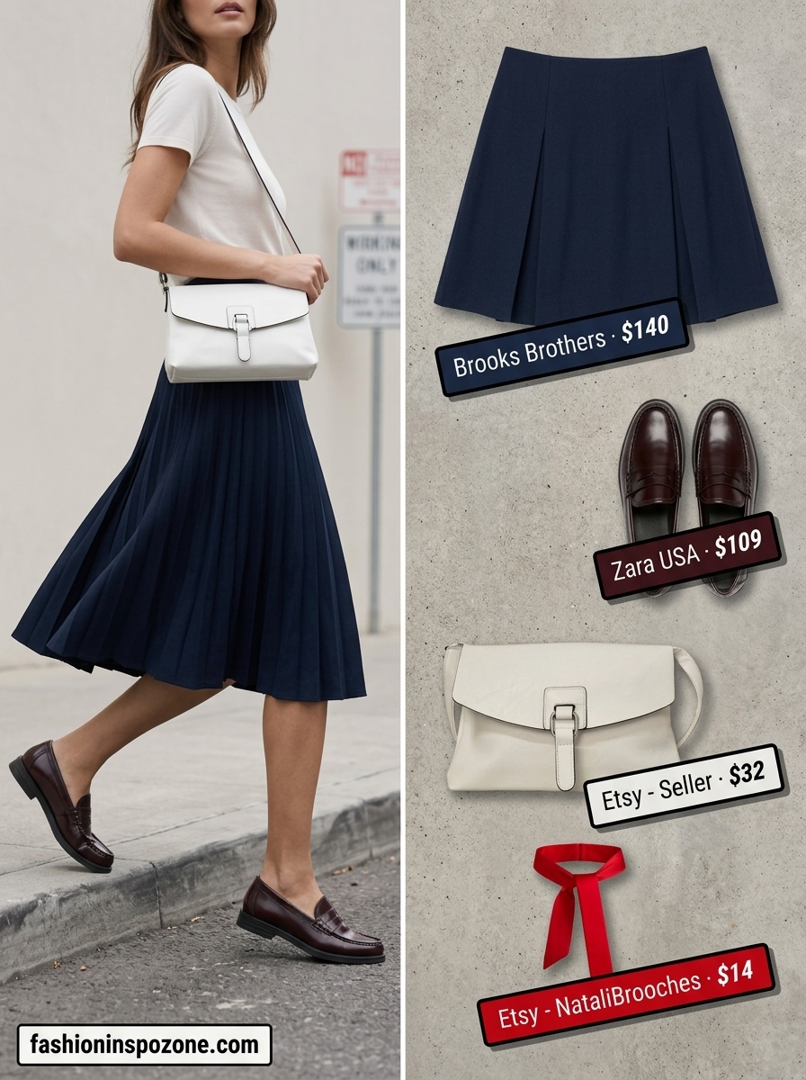 Runway Summer Fashion Outfits 2026: Modern Preppy Navy pleated skirt outfit for women, runway summer fashion 2026. Modern preppy for campus.