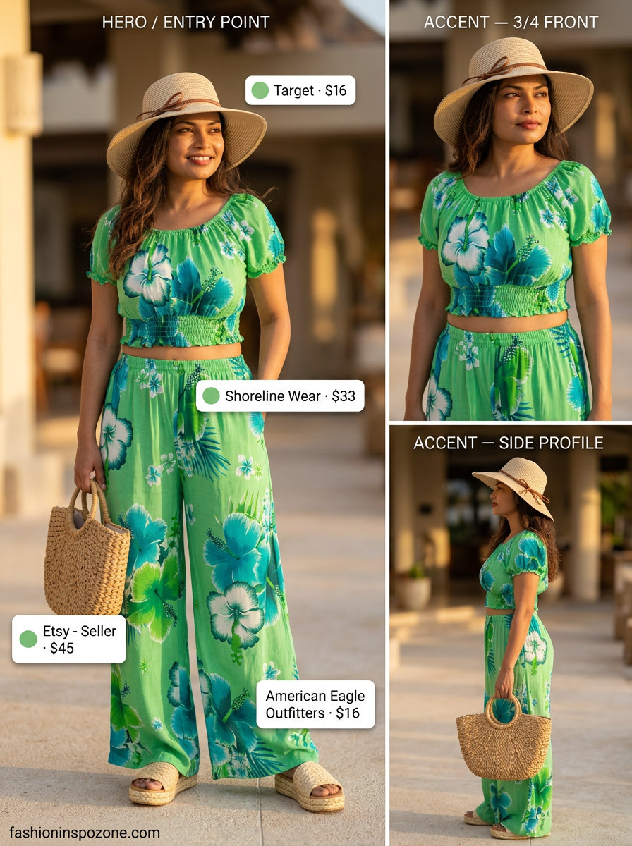 Runway Summer Fashion Outfits 2026: Tropical Co-ord Tropical print matching set for women, runway summer fashion 2026. Vibrant for vacation.