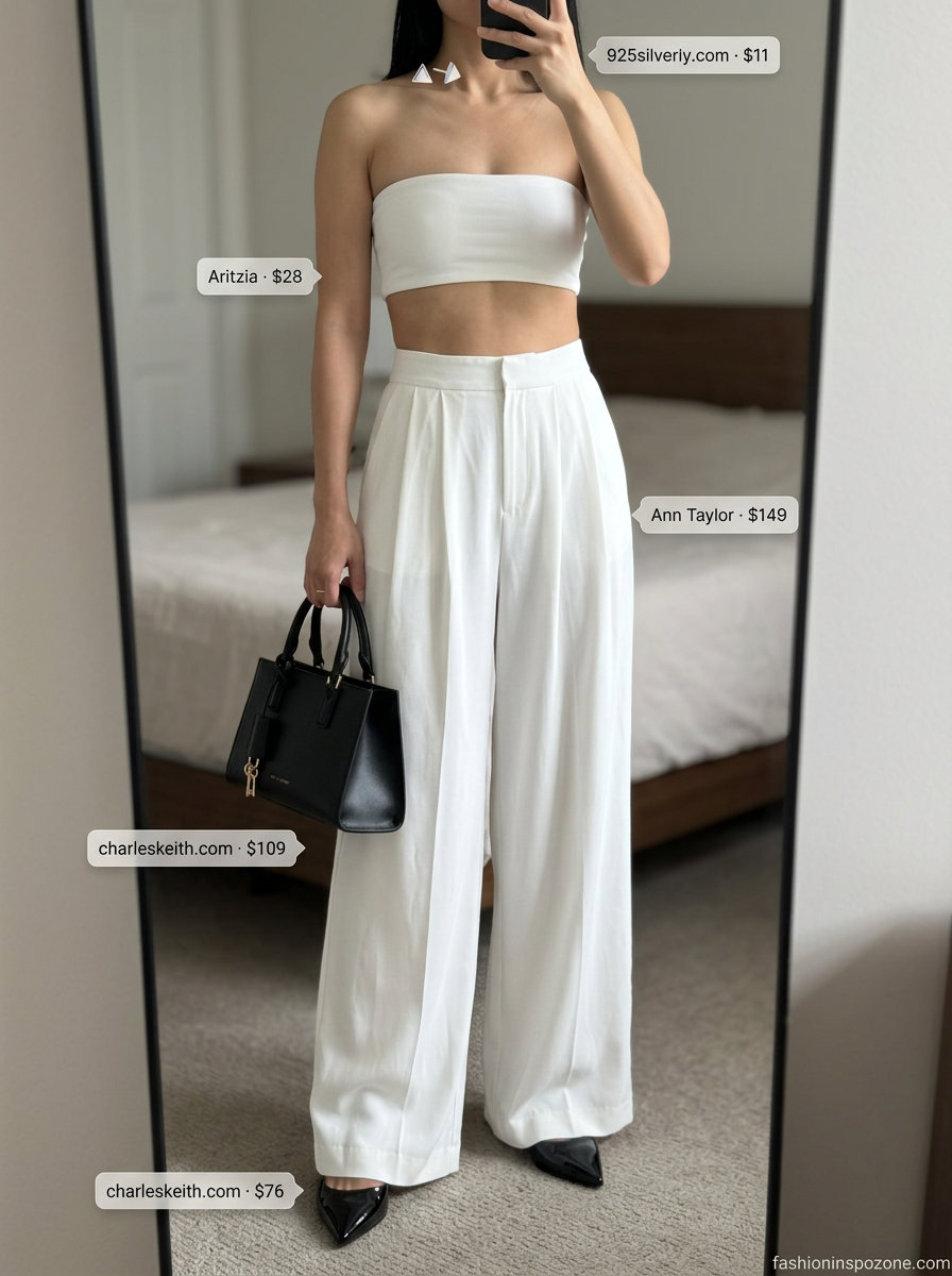 Runway Summer Fashion Outfits 2026: Architectural Pants Optic white wide-leg pants outfit for women, runway summer fashion 2026. Sophisticated for art galleries.