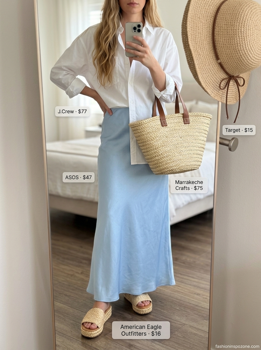 Sky blue satin maxi skirt outfit for resort vacation with white shirt, straw hat & tote. Satin maxi skirt outfits summer 2026.