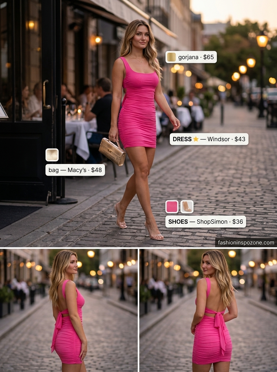 Hot pink bodycon dress for sexy summer date night outfits for women 2026. Bold and playful cocktail bar look.
