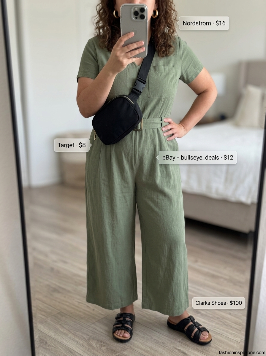 Stylish simple summer basic outfit for women 2026: khaki utility jumpsuit, black belt bag, gold hoops, leather slides.