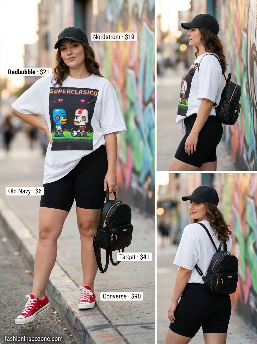 Streetwear biker shorts outfits summer for women 2026: Black biker shorts with oversized graphic tee and canvas sneakers.