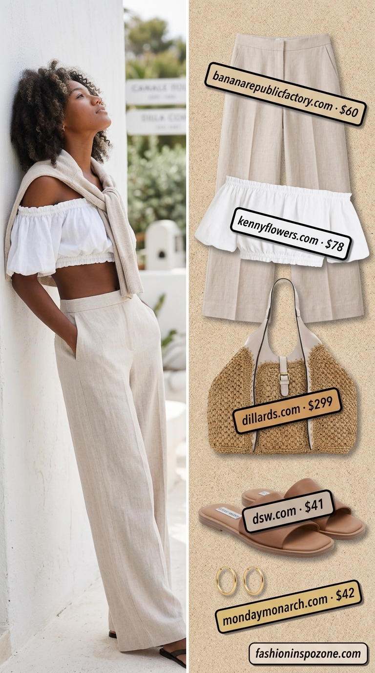 Relaxed white asymmetric neck top with linen trousers for coastal summer outfits 2026.