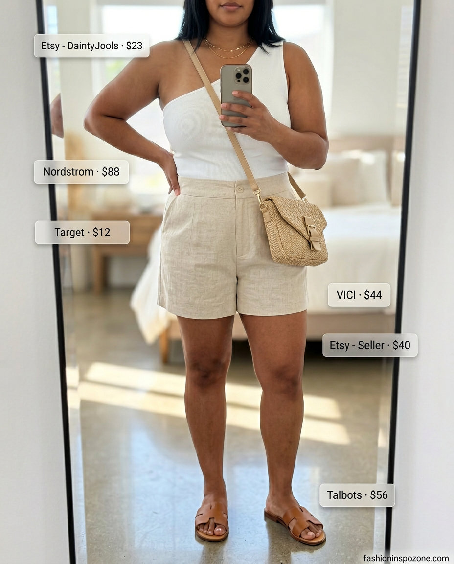 Chic white asymmetric neck top with linen shorts for coastal summer outfits 2026.