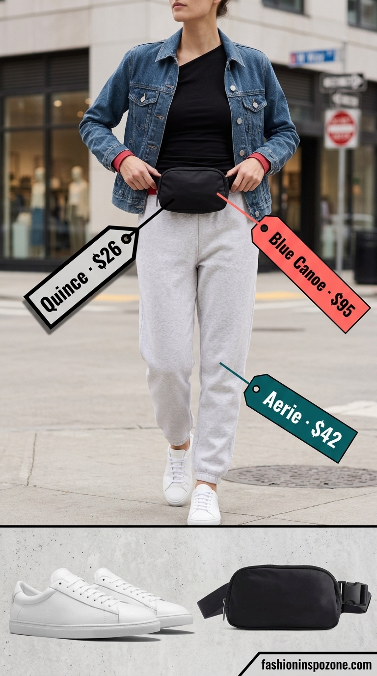 Stylish grey asymmetric neck top with joggers and denim jacket for athleisure summer outfits 2026.