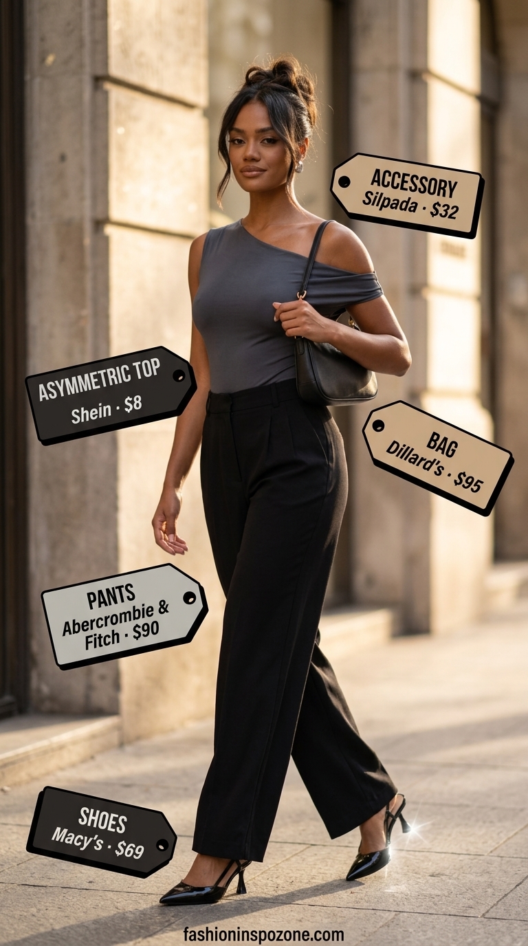 Chic charcoal grey asymmetric neck bodysuit with wide-leg trousers for minimalist summer outfits 2026.