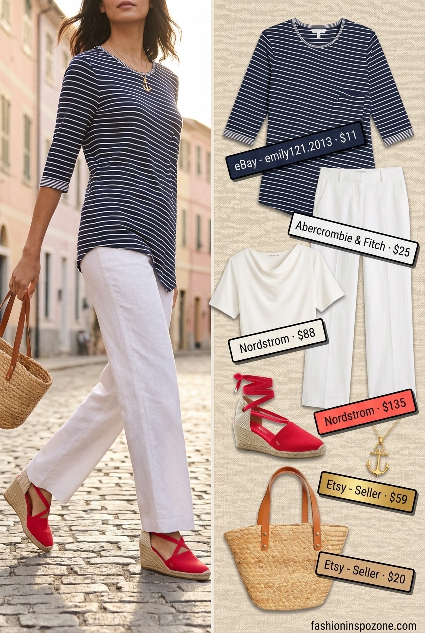 Nautical navy asymmetric neck striped top with white pants for summer outfits 2026.