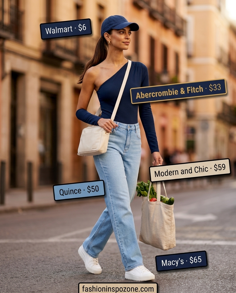 Casual navy asymmetric neck top with light wash jeans for city exploration summer 2026 outfits.