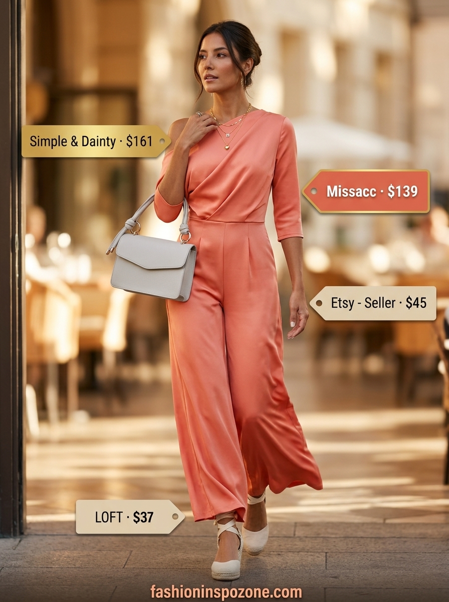 Chic coral wide-leg jumpsuit with asymmetric neckline, beige crossbody bag, and espadrille wedges for summer Asymmetric Neck outfits.