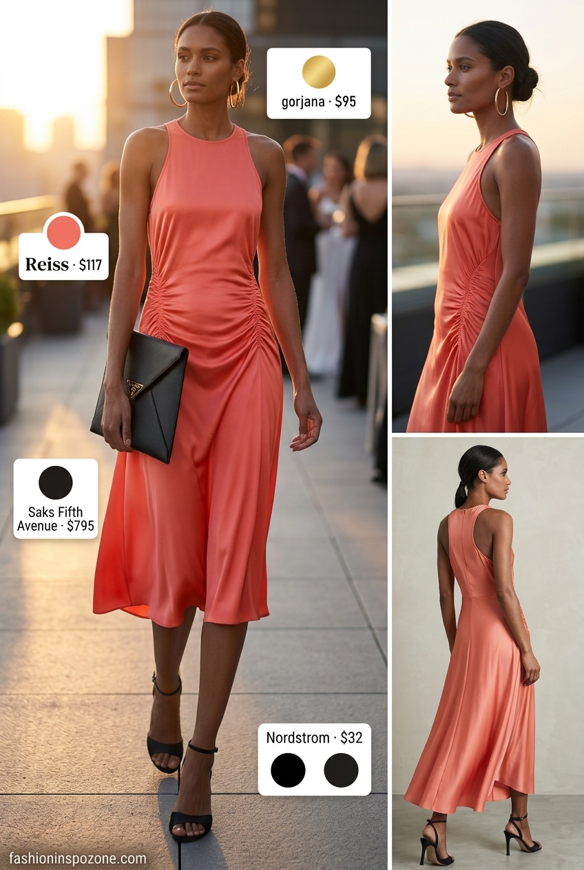 Vibrant Coral matte satin midi wrap dress with asymmetric neckline, gold earrings, and black sandals for summer Asymmetric Neck outfits.