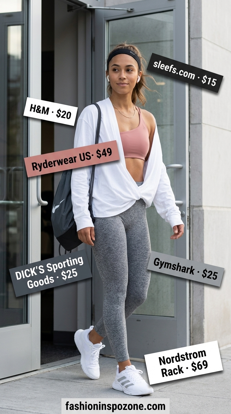 Trendy dusty rose one-shoulder sports bra with grey leggings and white t-shirt for summer Asymmetric Neck outfits.