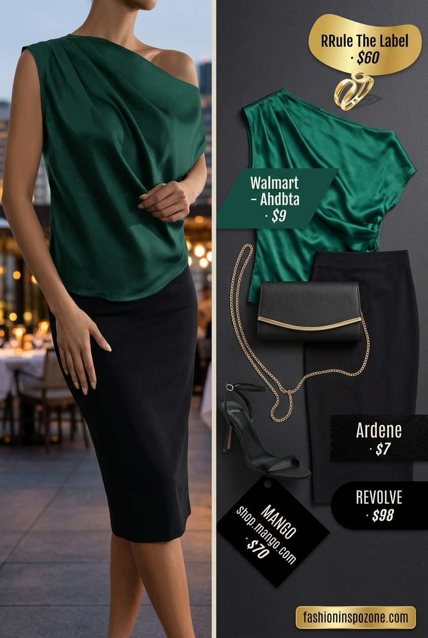 Glamorous emerald green one-shoulder top with black pencil skirt, gold cuff, and black heels for summer Asymmetric Neck outfits.
