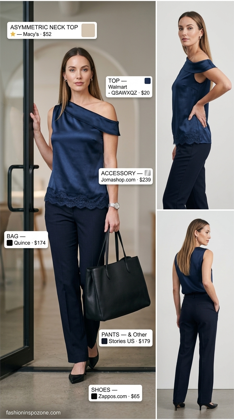 Navy asymmetric neck blouse with tailored black trousers for professional summer 2026 outfits.
