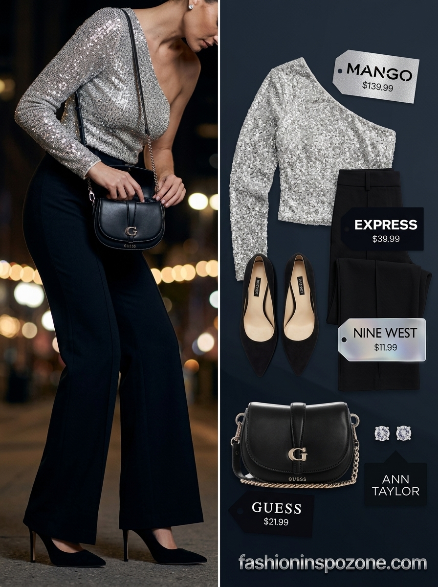 Glamorous silver sequin asymmetric neck crop top with black trousers and black pumps for summer Asymmetric Neck outfits.